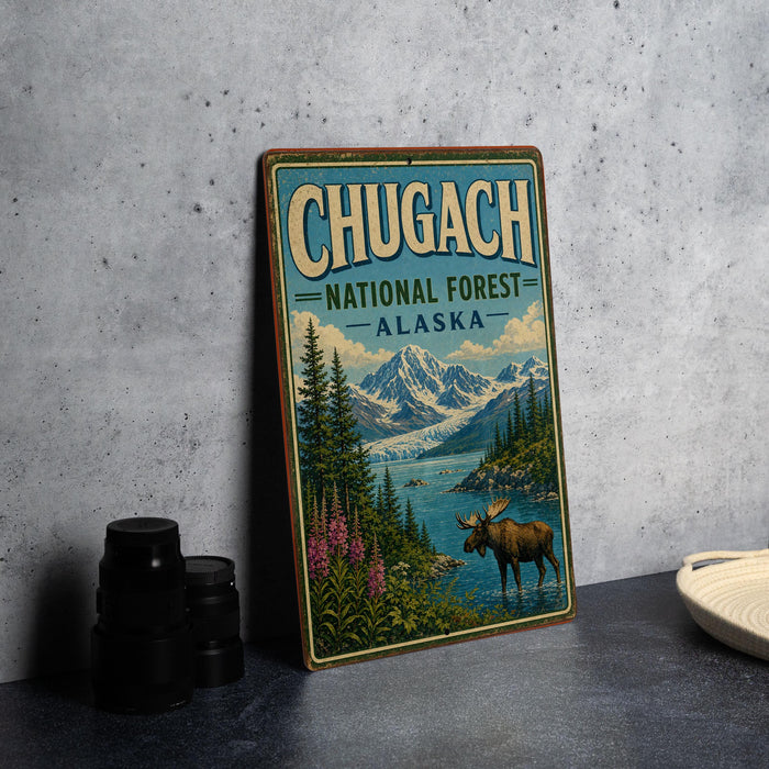 A vintage-style sign for Chugach National Forest in Alaska, featuring a moose and a mountain landscape.