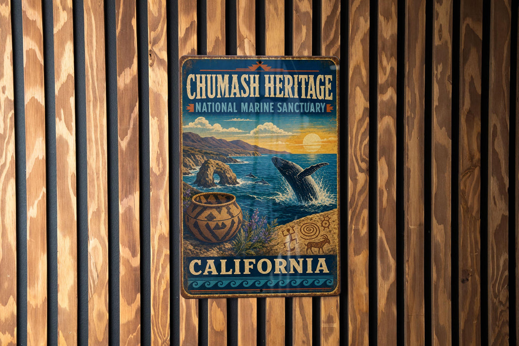 A metal sign with a colorful illustration of a whale, a pot, and a coastal landscape, mounted on a wooden wall.
