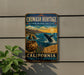 A vintage metal sign for the Chumash Heritage National Marine Sanctuary in California, featuring a painting of a whale, a pot, and a sunset over the ocean.