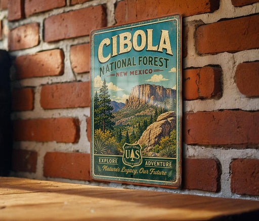 A vintage-style metal sign for the Cibola National Forest in New Mexico, featuring a scenic landscape with mountains, trees, and a desert.