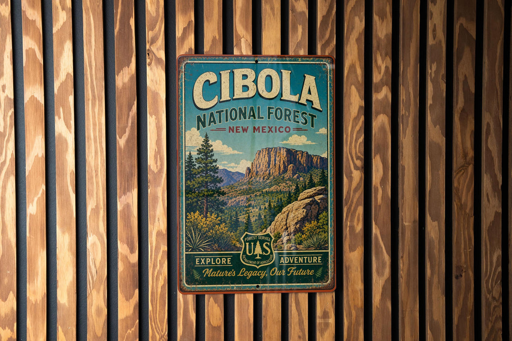 A vintage-style metal sign for the Cibola National Forest in New Mexico, featuring a scenic mountain landscape and the text "Cibola National Forest" and "New Mexico".