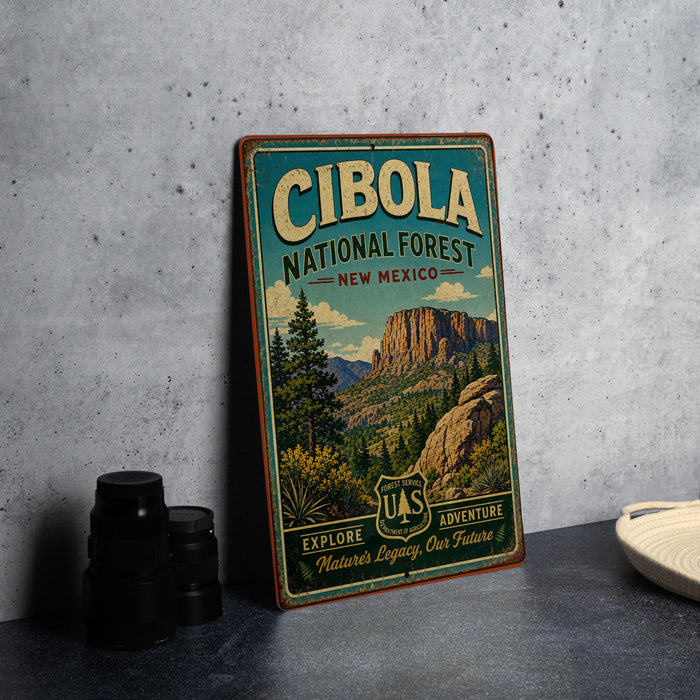 A vintage-style metal sign for Cibola National Forest in New Mexico, featuring a scenic landscape with mountains and pine trees.