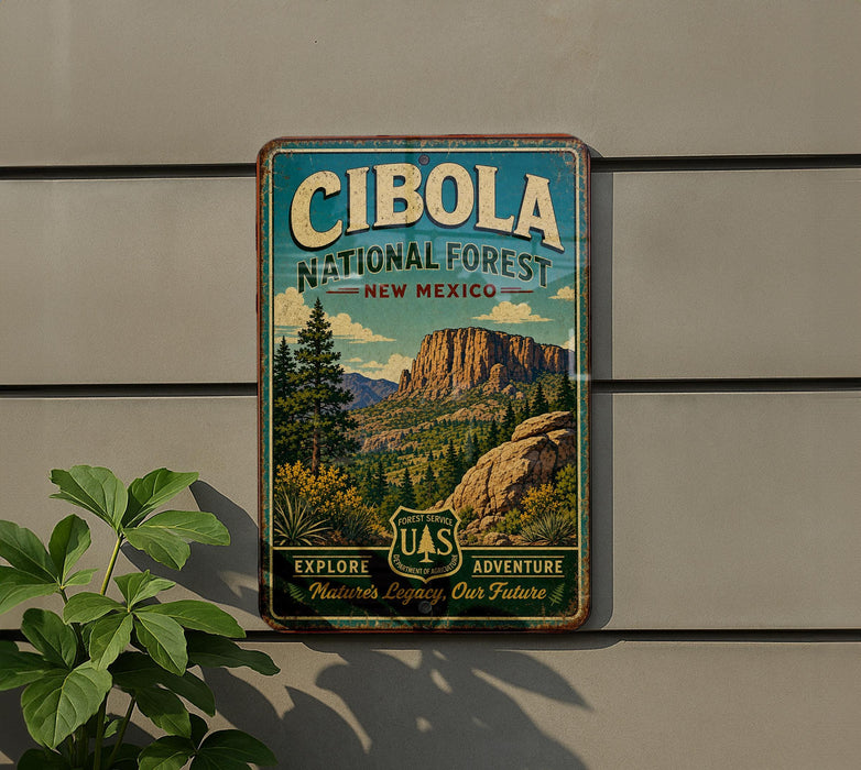 a vintage-style metal sign with a scenic mountain landscape, mounted on a wall.