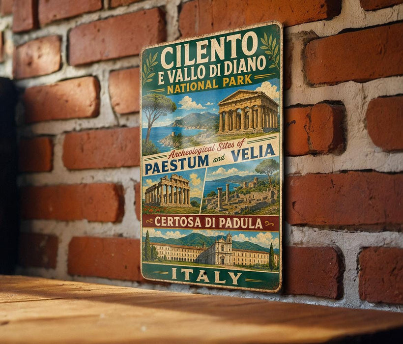 a vintage-style metal sign with illustrations of various landmarks and buildings, including the Colosseum and the Pantheon, set against a brick wall.