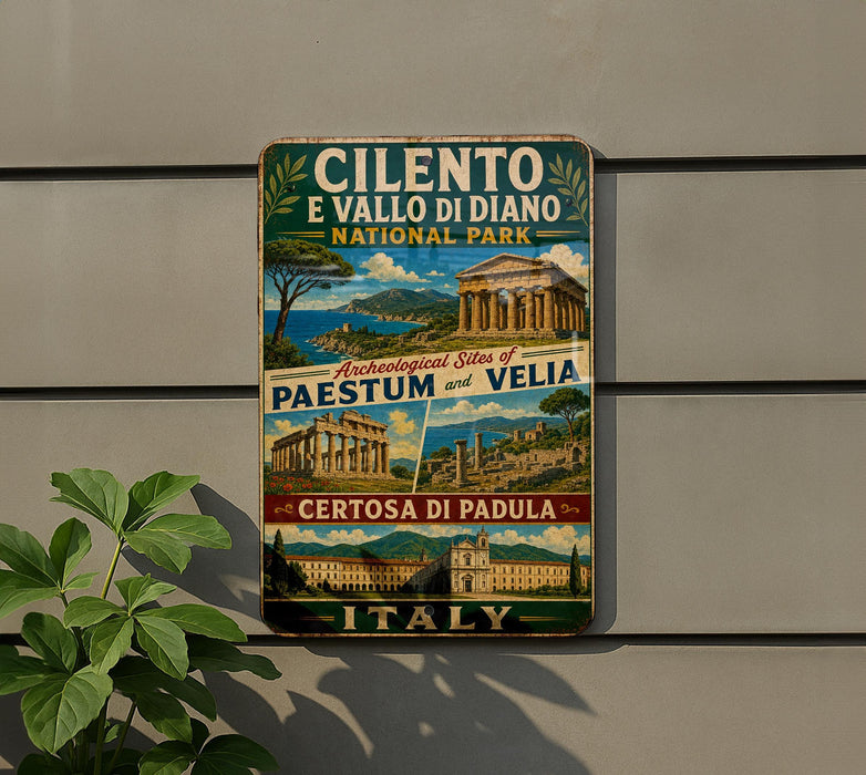 a vintage-style sign for Ciento E Vallo di Diano National Park, showcasing the archaeological sites of Paestum and Velia.