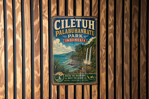 a vintage-style metal sign with a tropical landscape, hanging on a wooden wall.