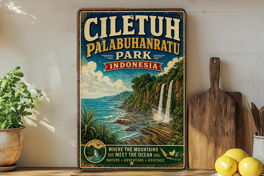 a vintage-style poster of Ciletuh Palabuhan National Park in Indonesia, with a tropical landscape of waterfalls and mountains.