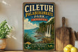 a vintage-style poster of Ciletuh Palabuhan National Park in Indonesia, with a tropical landscape of waterfalls and mountains.