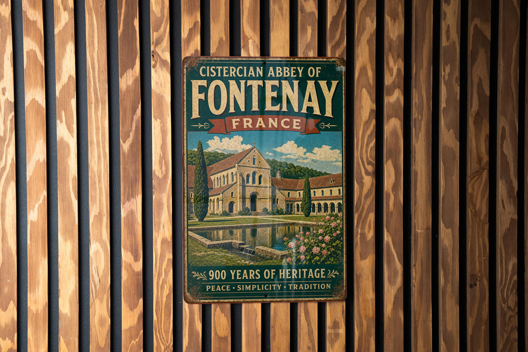 A vintage metal sign for the Cistercian Abbey of Fontenay, France, featuring an illustration of the abbey and a quote about its history.