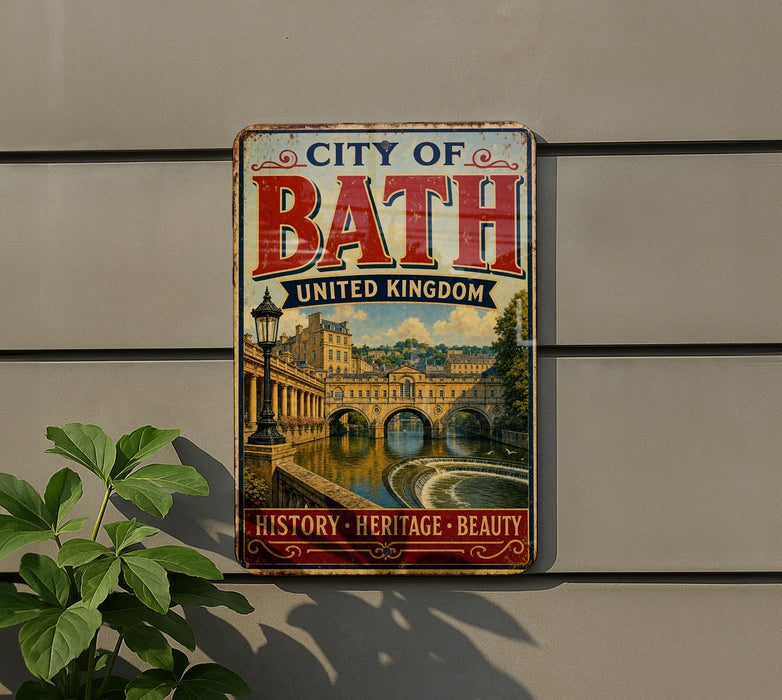 A vintage metal sign on a wall, depicting a cityscape with a bridge and water, advertising the "City of Bath United Kingdom" and highlighting its "History, Heritage, Beauty".