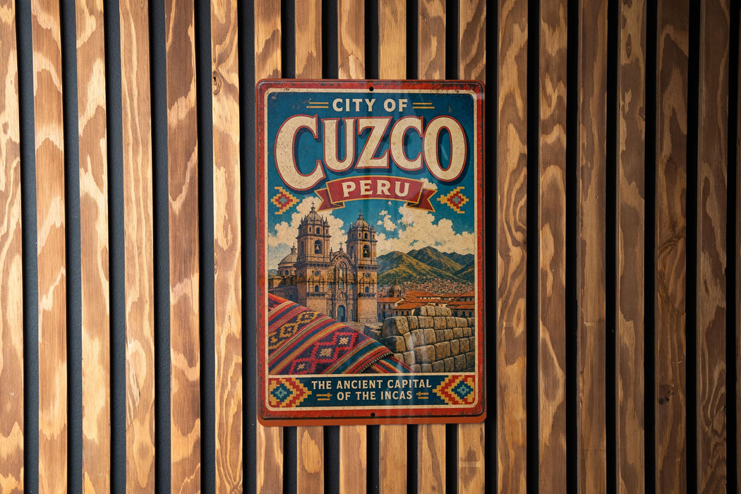 A vintage-style metal sign with the text "CITY OF Cuzco PERU" and an illustration of a historic Inca city, mounted on a wooden wall.