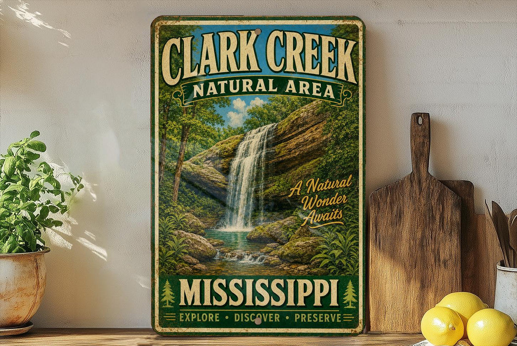 A vintage-style metal sign for Clark Creek Natural Area in Mississippi, featuring a waterfall and lush greenery.