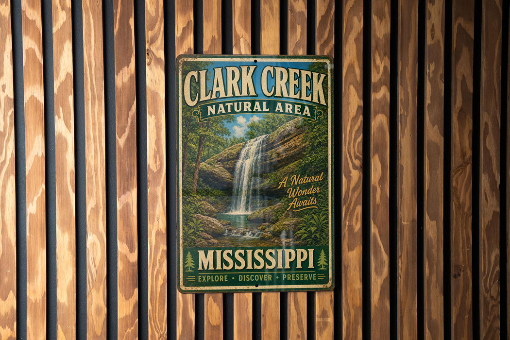 A vintage metal sign for Clark Creek Natural Area in Mississippi, featuring a waterfall and lush greenery.