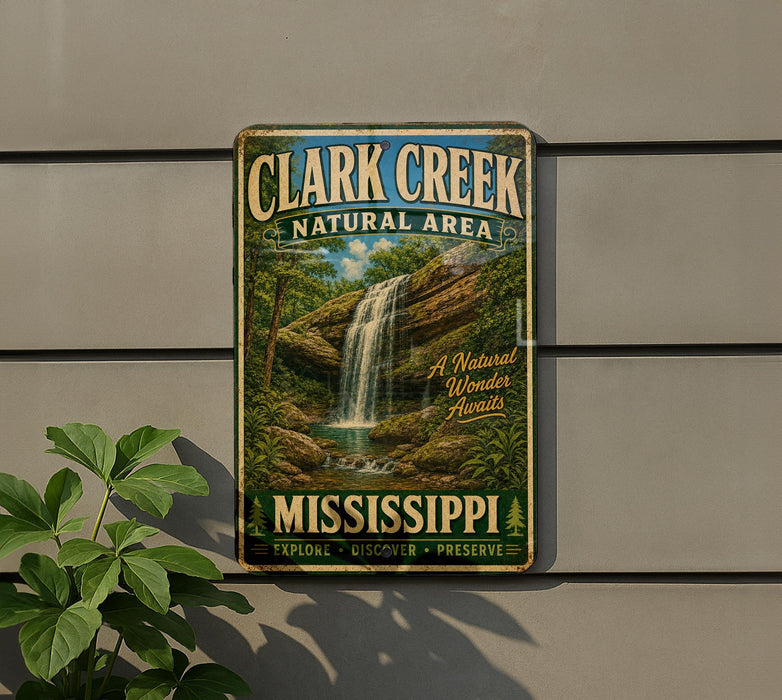 A vintage-style metal sign for Clark Creek Natural Area in Mississippi, featuring a waterfall and lush greenery.