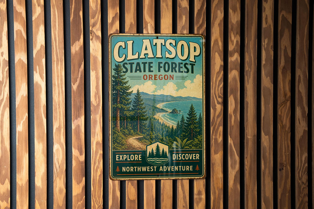 A vintage-style metal sign for Clatsop State Forest in Oregon, featuring a scenic landscape with pine trees, mountains, and a body of water.