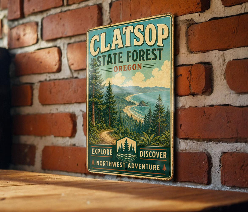 A vintage-style metal sign for Clatsop State Forest in Oregon, featuring a scenic landscape with pine trees, mountains, and a body of water.