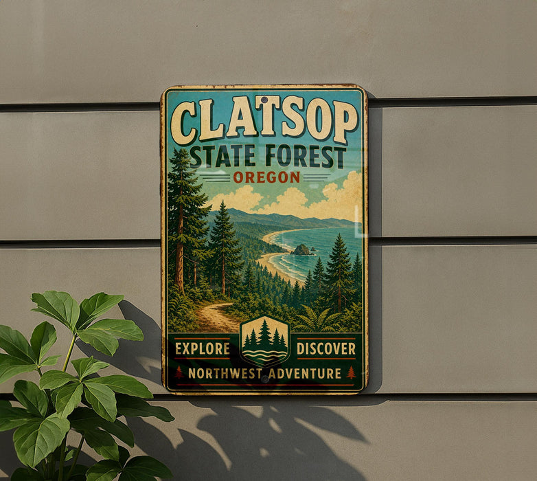 A vintage-style metal sign for Clatsop State Forest in Oregon, featuring a scenic landscape with pine trees, mountains, and a beach.