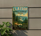 A vintage-style metal sign for Clatsop State Forest in Oregon, featuring a scenic landscape with pine trees, mountains, and a beach.
