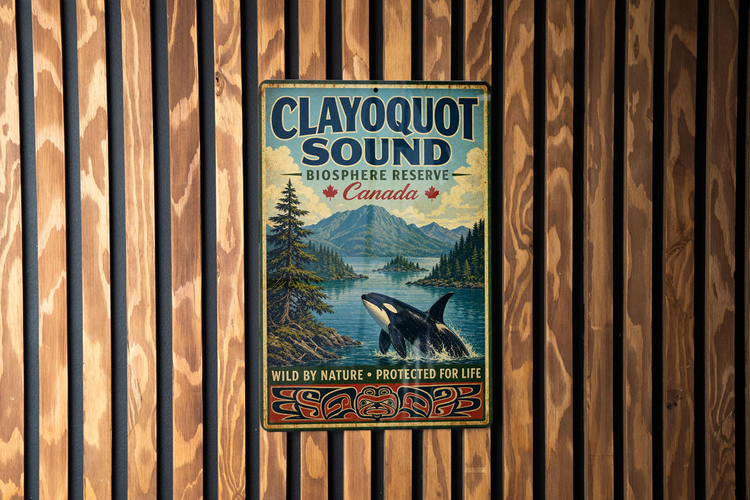 A vintage-style metal sign for Clayoquot Sound, a wildlife reserve in Canada, featuring a whale and a forest landscape.