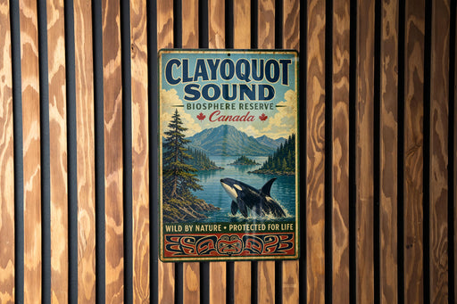 A vintage-style metal sign for Clayoquot Sound, a wildlife reserve in Canada, featuring a whale and a forest landscape.