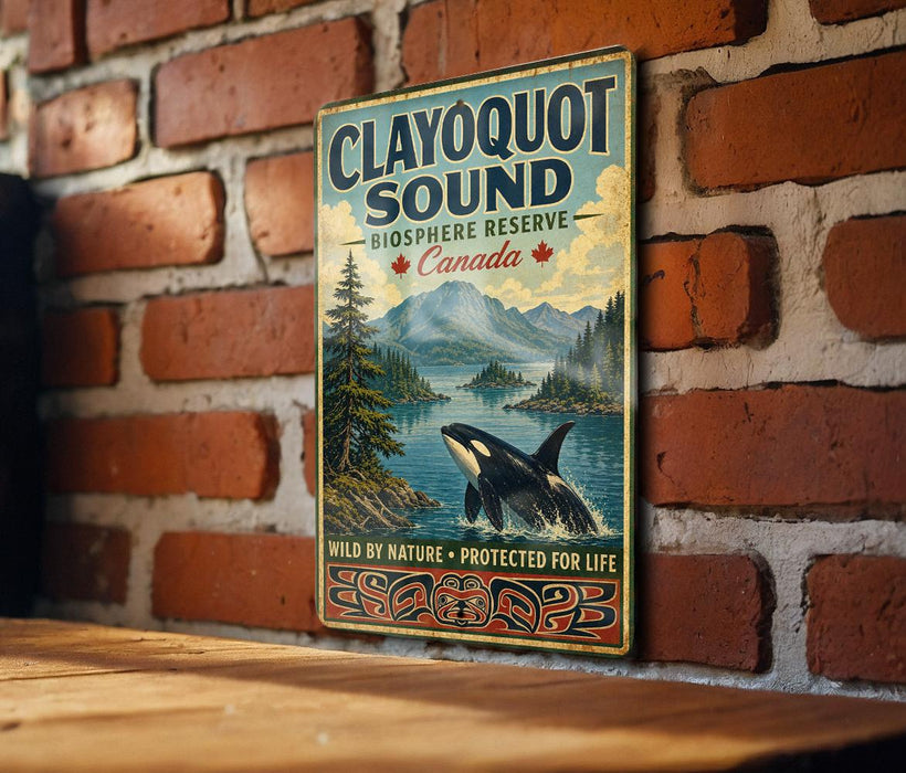 A vintage-style sign for Clayoquot Sound, a wildlife reserve in Canada, featuring an image of an orca whale in the water.
