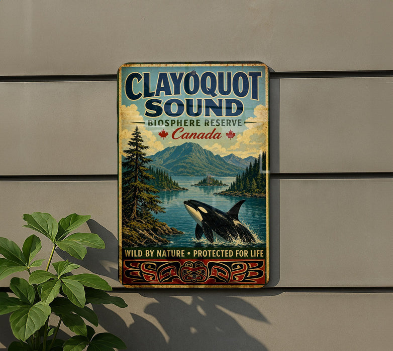 A vintage-style metal sign for Clayoquot Sound, a nature reserve in Canada, featuring an image of a whale and a forest landscape.
