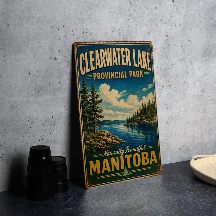 A vintage-style metal sign for Clearwater Lake Provincial Park in Manitoba, Canada, featuring a scenic landscape with pine trees, a lake, and mountains.