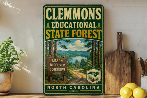 A vintage-style metal sign for Clemmons Educational State Forest in North Carolina, featuring a scenic landscape with a lake and pine trees.