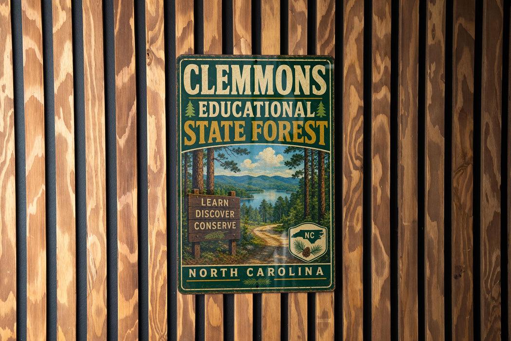 A vintage-style metal sign for Clemmons Educational State Forest, featuring a scenic landscape with pine trees and a lake.