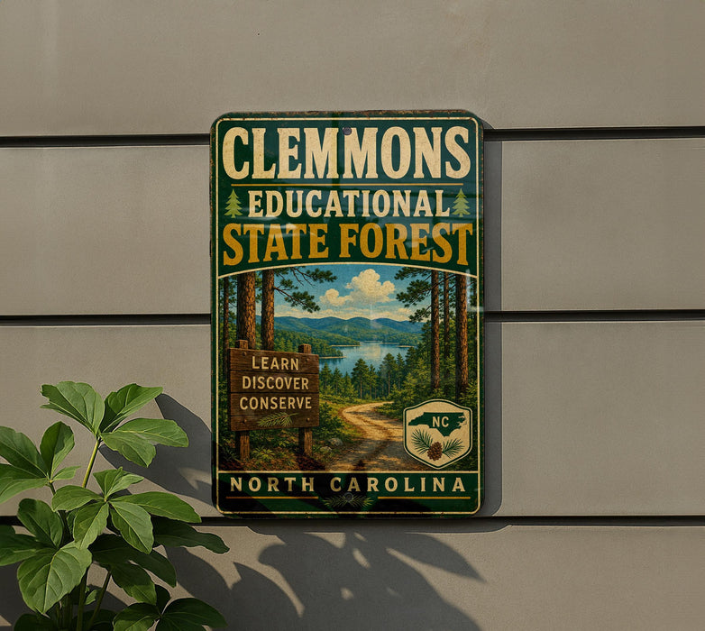 A metal sign for Clemmons Educational State Forest in North Carolina, featuring a scenic image of a forest trail and a lake.