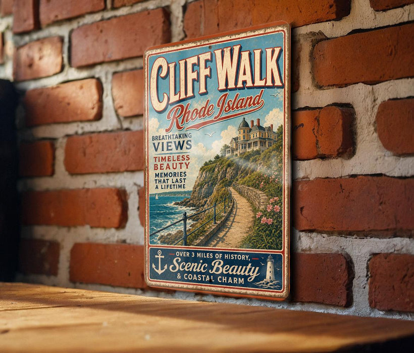A vintage-style metal sign for Cliff Walk, Rhode Island, mounted on a brick wall.