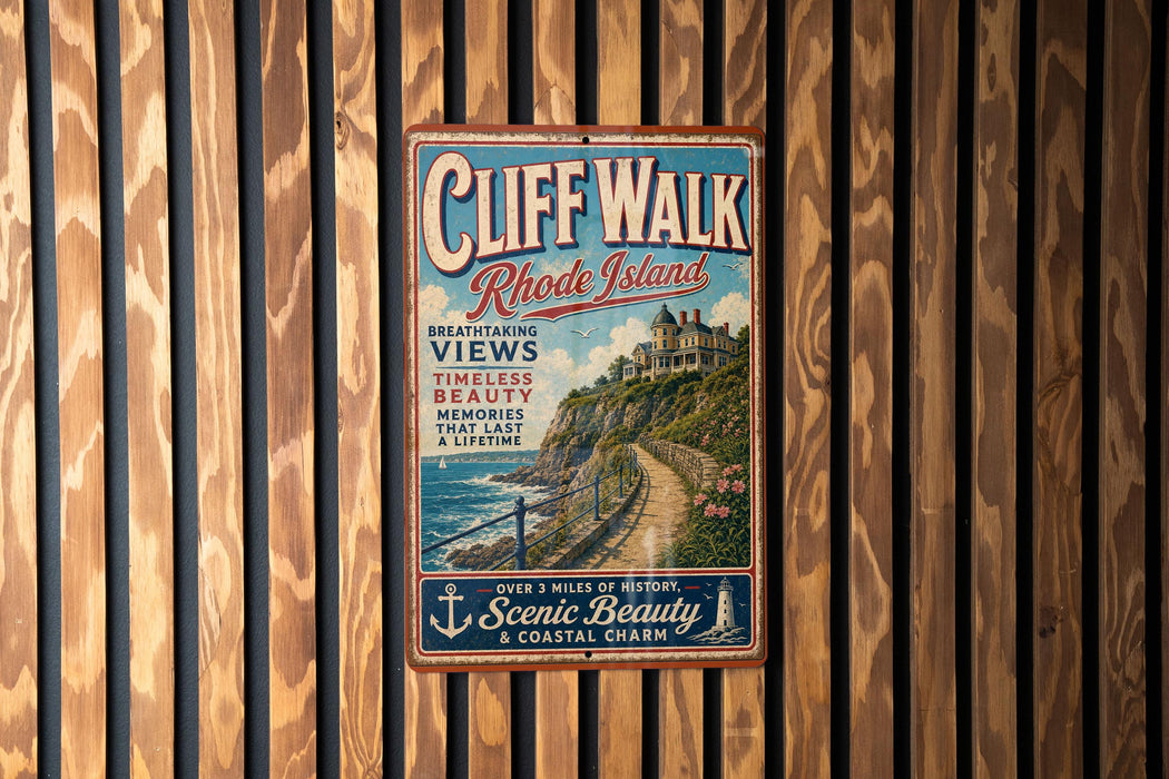 A vintage-style metal sign for Cliff Walk, Rhode Island, featuring a scenic coastal view and a path leading to a house on the cliff.