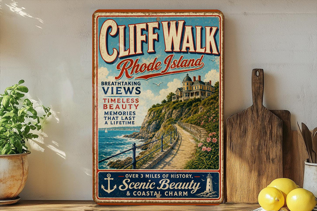 a vintage-style sign for Cliff Walk, Rhode Island, with a scenic coastal view and a wooden paddleboard.