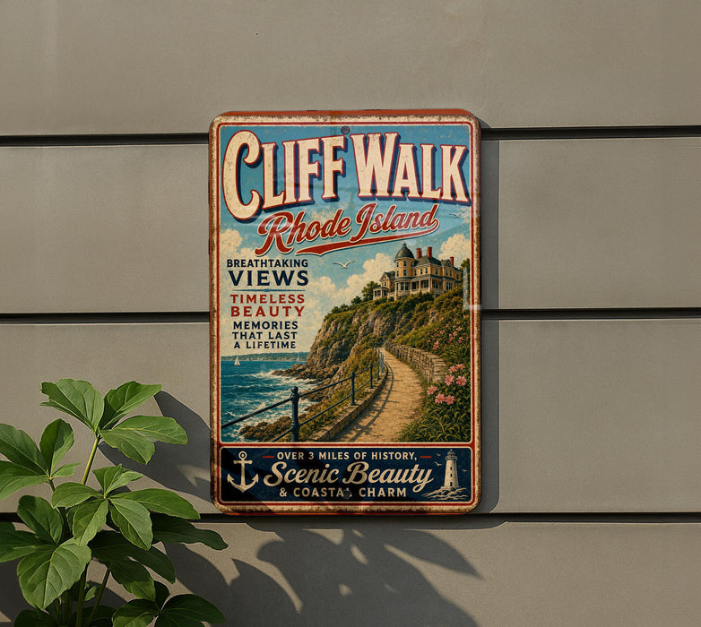 A vintage metal sign advertising the Cliff Walk in Rhode Island, featuring a scenic coastal view and a lighthouse.
