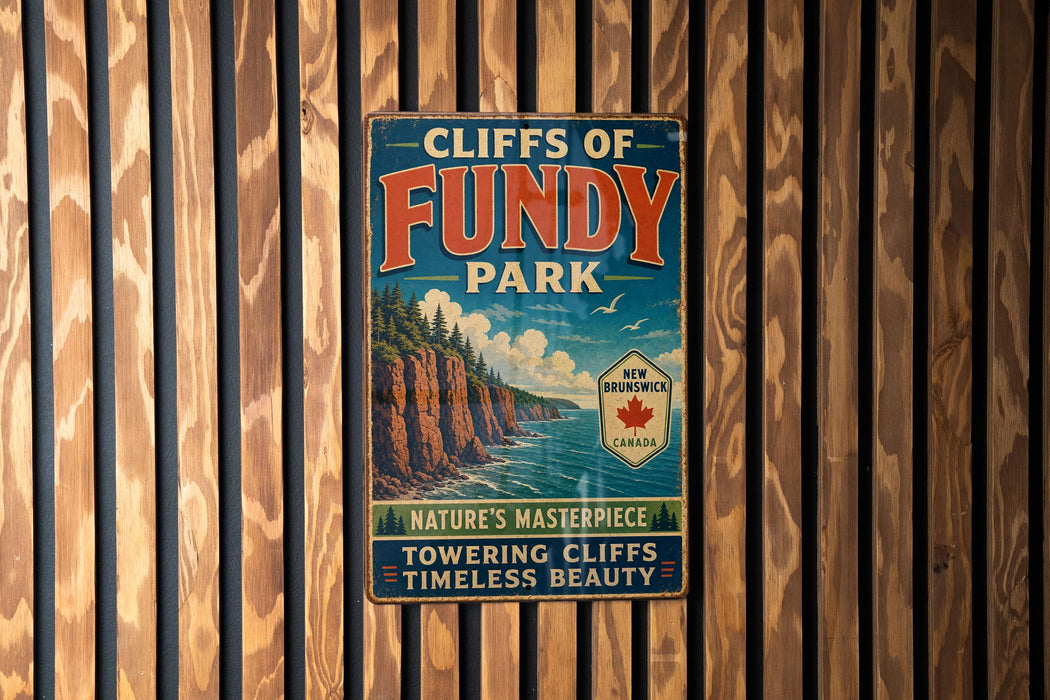 A vintage metal sign for Cliffs of Fundy Park, featuring a scenic image of the park's cliffs and water.