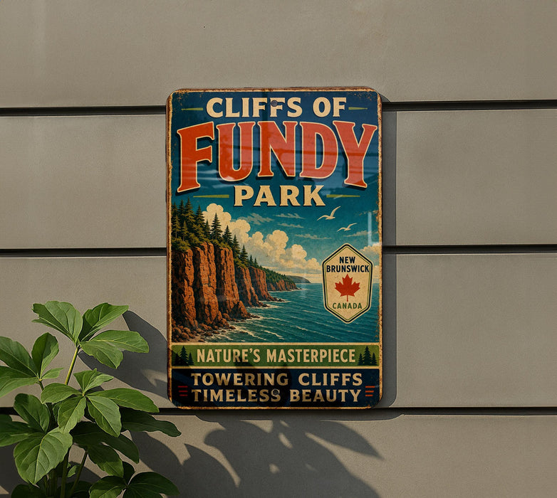 A vintage-style sign for Cliffs of Fundy Park, featuring a scenic image of the park's cliffs and surrounding landscape.