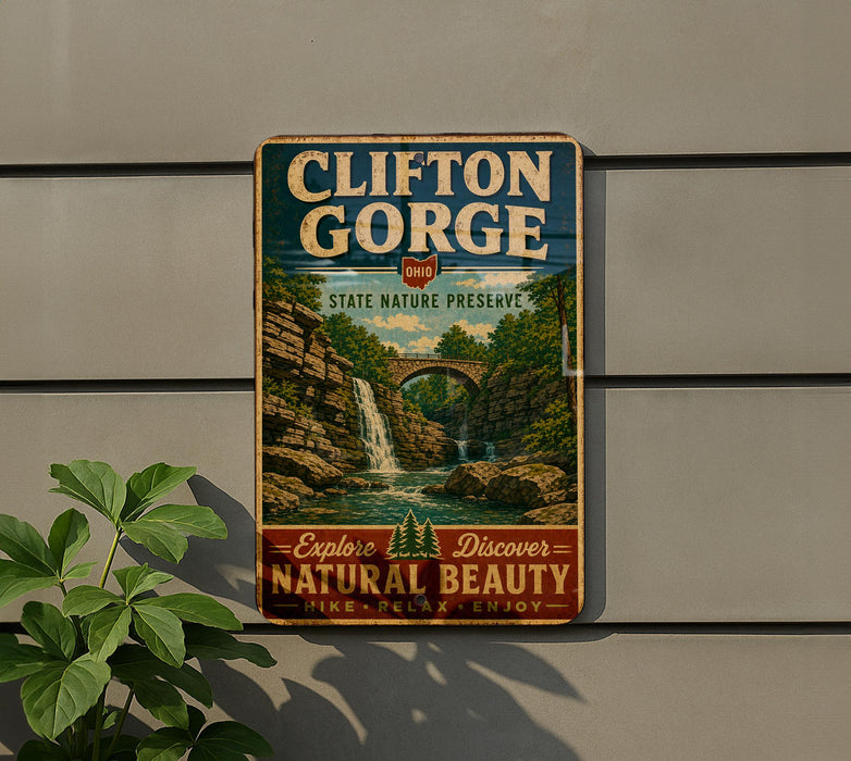 A vintage-style metal sign for Clifton Gorge, Ohio, featuring a waterfall and lush greenery, mounted on a gray wall.