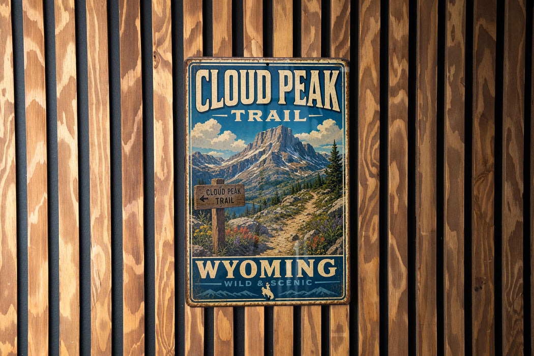 A vintage-style metal sign for the Cloud Peak Trail in Wyoming, featuring a mountain landscape and trail marker.