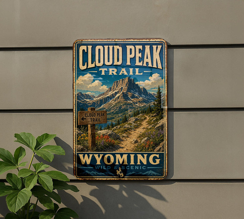 A vintage-style sign for the Cloud Peak Trail in Wyoming, featuring a mountain landscape and trail sign.