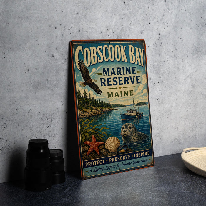 A vintage metal sign for Cobscook Bay, Maine, featuring an illustration of a seagull, a seal, and a boat on the water.