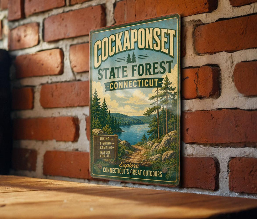 A vintage metal sign for the Cockaponset State Forest in Connecticut, featuring a scenic landscape with pine trees, a lake, and mountains.