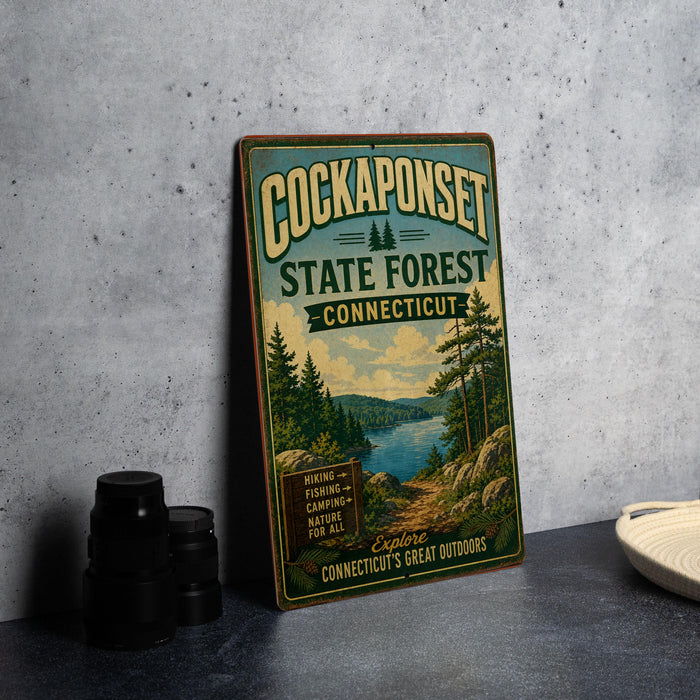 A vintage metal sign advertising the Cockset State Forest in Connecticut, featuring a scenic illustration of the forest and a lake.