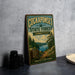A vintage metal sign advertising the Cockset State Forest in Connecticut, featuring a scenic illustration of the forest and a lake.