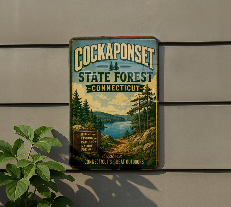 A vintage metal sign for CockapSONSET State Forest in Connecticut, featuring a scenic landscape with pine trees, a lake, and mountains.