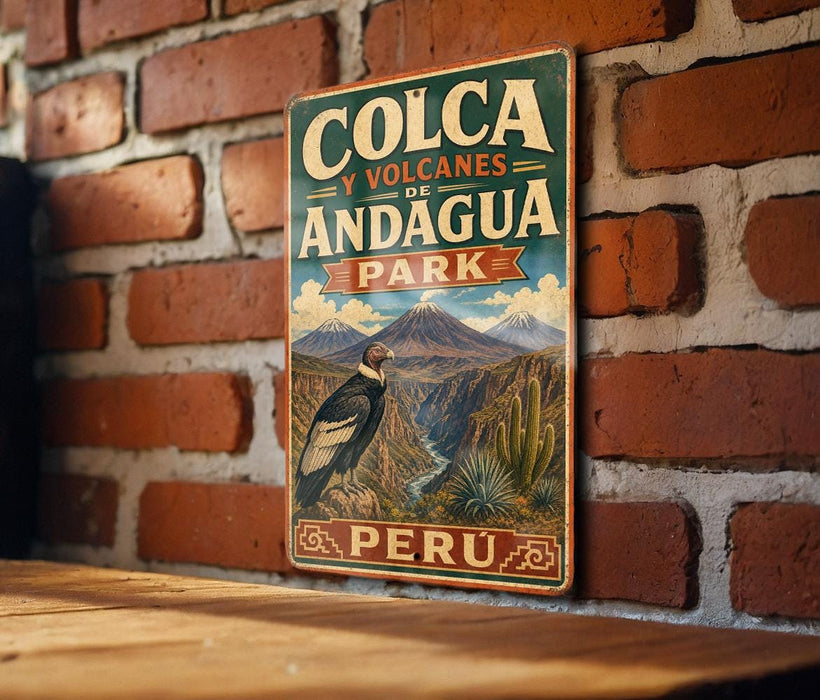 A vintage-style sign for Colca y Volcanes de Andagua, the famous park in Peru, featuring a mountain landscape with a bird and cacti.