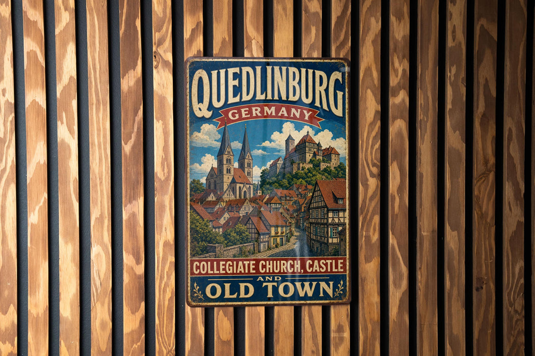 A vintage metal sign with the text "Quedlinburg, Germany" and "College Church, Castle and Old Town" is displayed on a wooden wall.