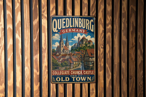 A vintage metal sign with the text "Quedlinburg, Germany" and "College Church, Castle and Old Town" is displayed on a wooden wall.