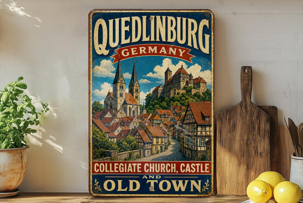 A vintage-style metal sign advertising Quedlinburg, Germany, featuring a castle and a town scene.