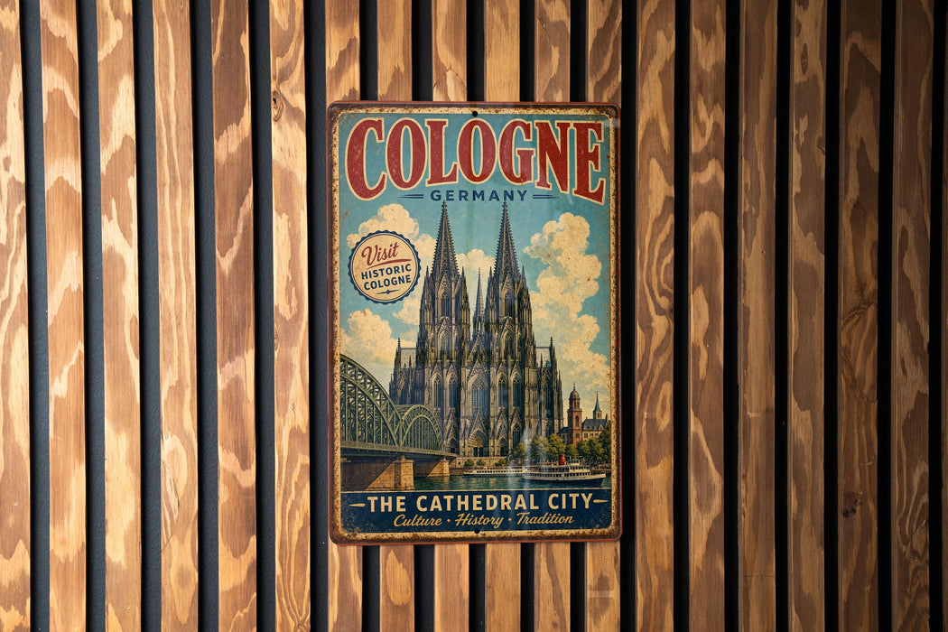 A vintage metal sign with the text "COLOGNE GERMANY" and an illustration of the Cologne Cathedral, hanging on a wooden wall.