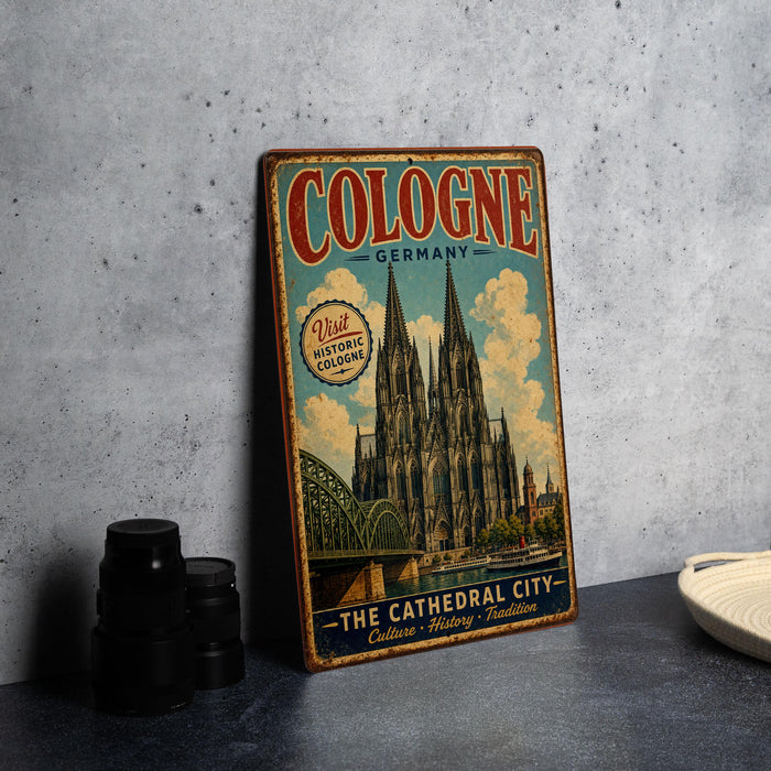 A vintage metal sign advertising Cologne, Germany, featuring an illustration of the Cologne Cathedral.